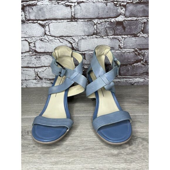 ECCO DANISH DESIGN Blue Leather Ankle Strappy Stacked Heel Sandals Women Sz 40EU - Picture 2 of 16